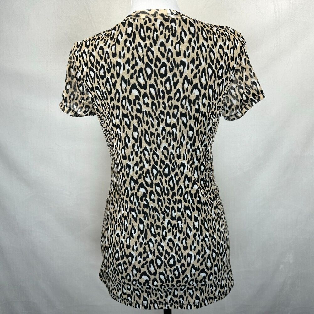 Dana Buchman Top Sz S Animal Print Short Sleeve V-Neck  Mesh Lined Stretch