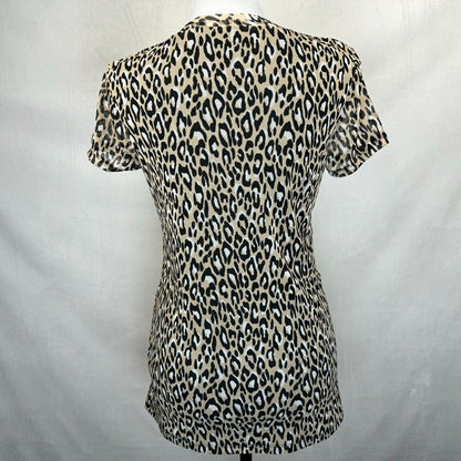 Dana Buchman Top Sz S Animal Print Short Sleeve V-Neck  Mesh Lined Stretch