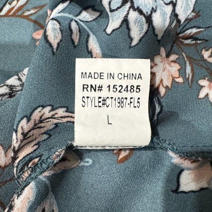 Papermoon Top Sz L Teal Floral Print Raglan Long Sleeve Back Zipper Boat Neck