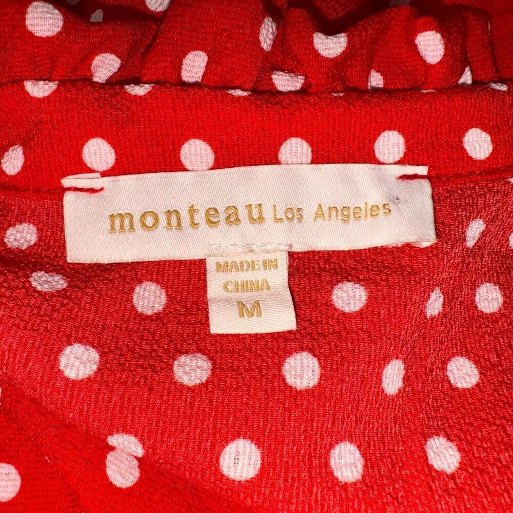 Monteau Top Sz M Fit and Flare Peplum Faux Wrap Red White Polka Dot