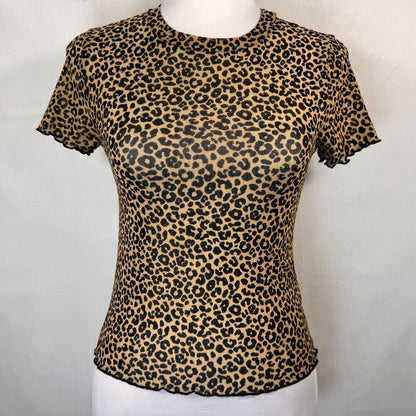 A short-sleeve leopard print top displayed on a white mannequin torso against a light gray background.