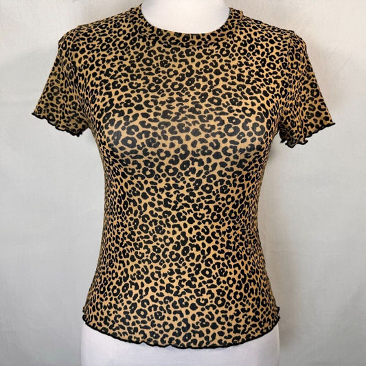 A short-sleeve leopard print top displayed on a white mannequin torso against a light gray background.