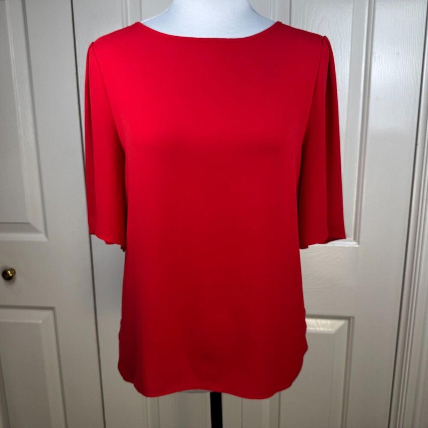 LOFT Women Blouse Sz S Red Sheer Front Boat Neck Short Tulip Sleeve Back Knit