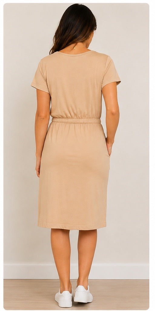 32 Degrees Ladies Dress Sz M Beige Twill Short Sleeves Clinched Waist 2 pockets