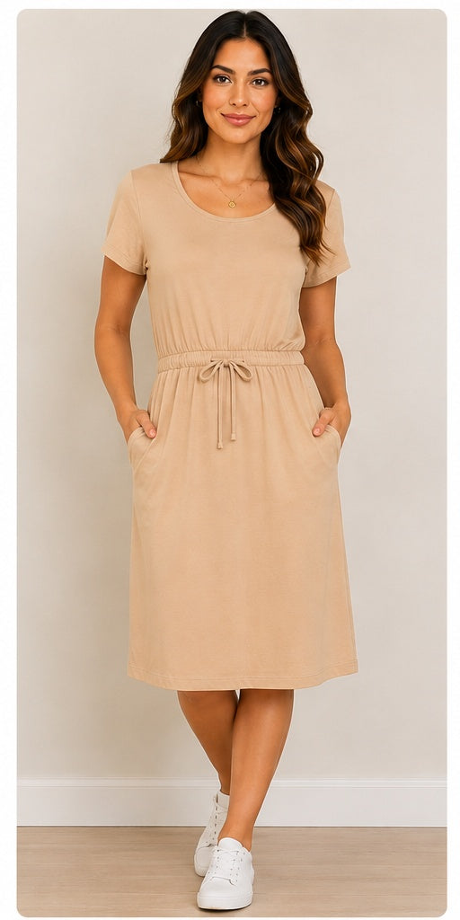 32 Degrees Ladies Dress Sz M Beige Twill Short Sleeves Clinched Waist 2 pockets