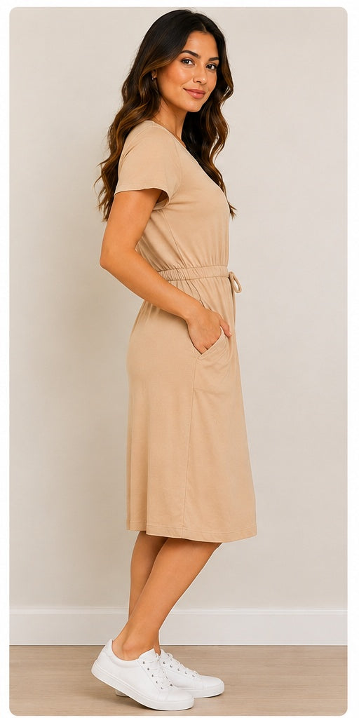 32 Degrees Ladies Dress Sz M Beige Twill Short Sleeves Clinched Waist 2 pockets
