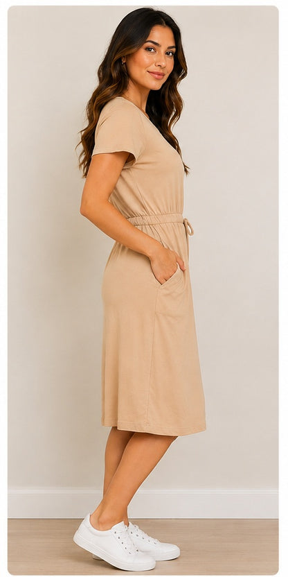 32 Degrees Ladies Dress Sz M Beige Twill Short Sleeves Clinched Waist 2 pockets