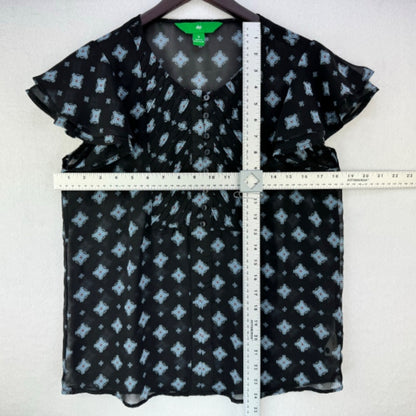 DIP Women Blouse Sz S Black and blue pleated buttoned front butterfly sleeves