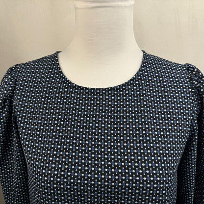 CeCe Ladies Top Sz XS Black Print Blue White Crew Neck Keyhole Tie Sleeve