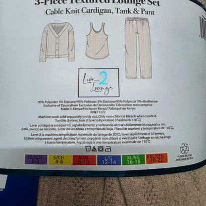Live 2 Lounge Sz L Women's 3-Piece Textured Lounge Set Cable Knit Tan NWT
