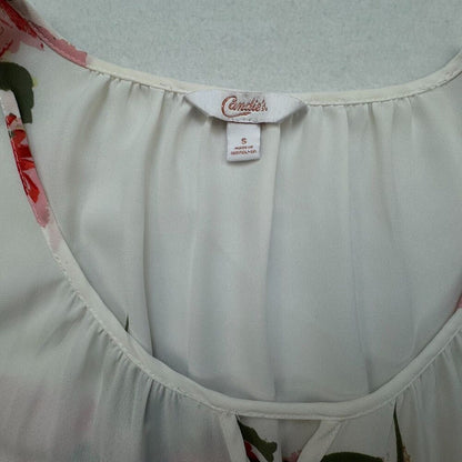 Candies Top Sz S Sheer Ivory Floral Round Neck Cut Out Cold Shoulder