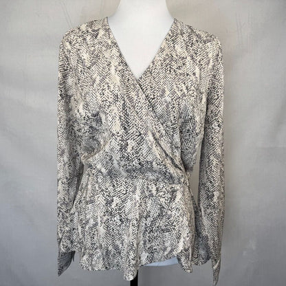 Ann Taylor Sz 4 White Snake Print Gray Black Long Cuffed Sleeve Faux Wrap Peplum