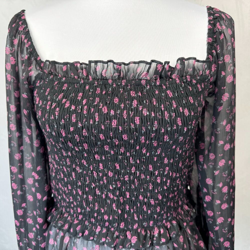 Mi Ami Top Sz M Sheer Cropped Black Square Neck Floral Long Sleeve