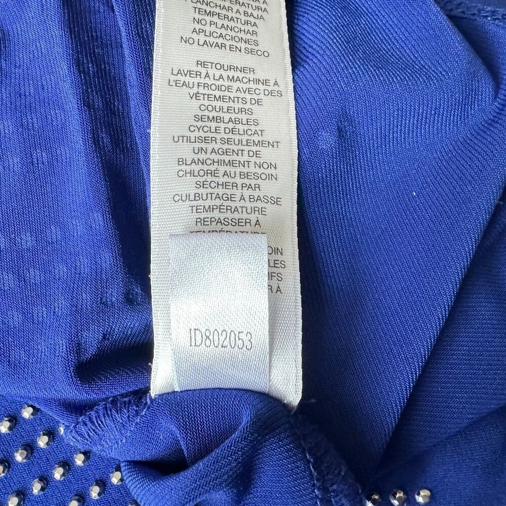 Chico's Top Sz 1 Blue Tunic Silver Embellished Round Neck 3/4 Sleeve Back Slit
