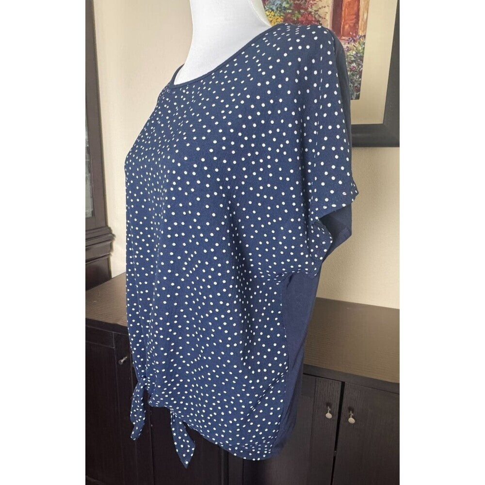 Maxine Nichols Womens Top Sz L/XL Navy Polka Dot Front Knot Round Neck
