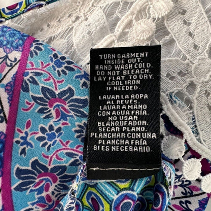 Zac & Rachel Ladies Top Sz M Multicolor with white lace round neck front tie