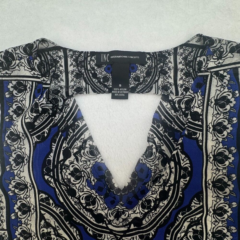 INC Women Top Sz S Blue Black VNeck Sheer Mesh Cutout Tank Top Layered Sleeveles