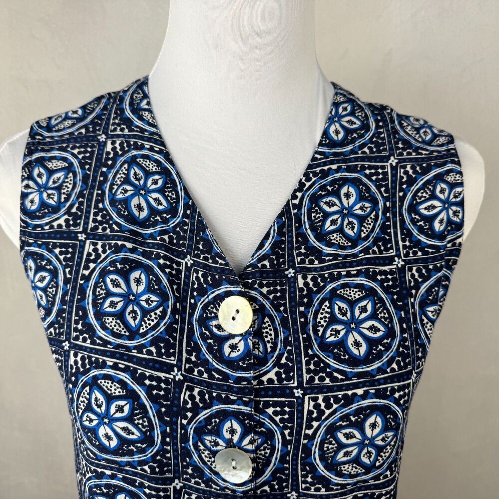 Sigrid Olsen Women Crop Top Sz S Black Blue Button Down VNeck Sleeveless