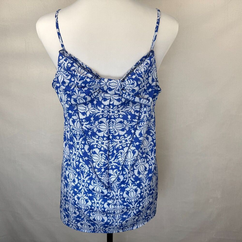 Blue Rain Ladies Blouse Sz M Blue White Print Bow Back Round Neckline Sleeveless