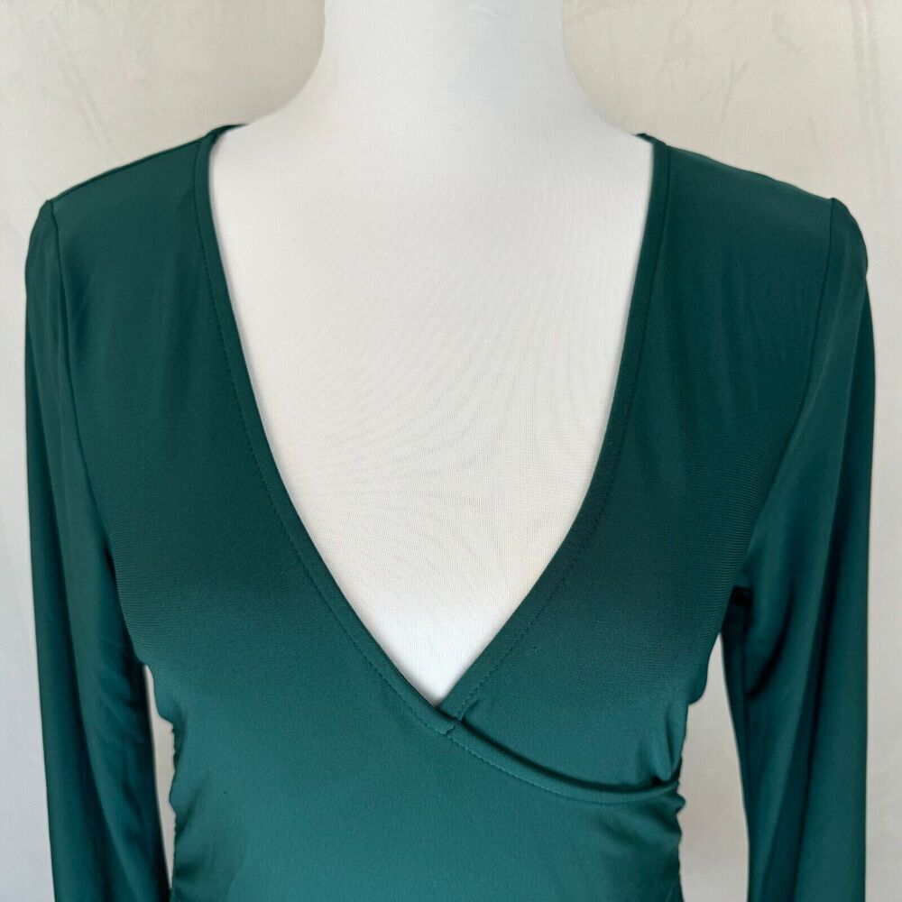 Meraki Top Sz M Green V-Neck Adjustable Ruched Sides Long Sleeve