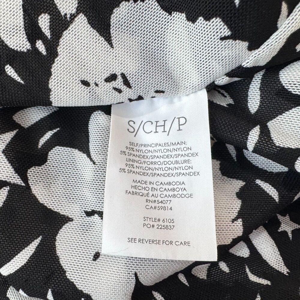 Cabi Women Top Sz S Stretch Mesh Black Floral Print Ruched Front Center