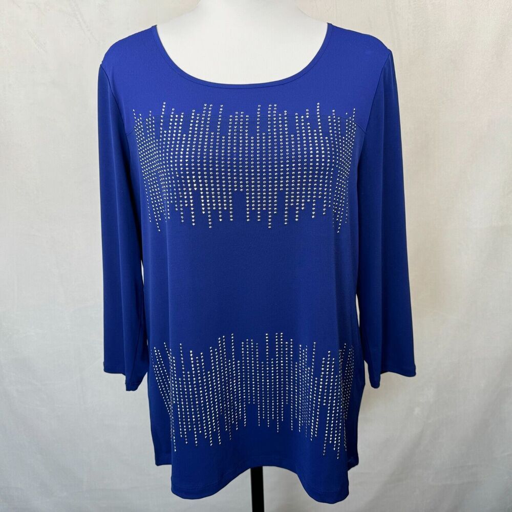 Chico's Top Sz 1 Blue Tunic Silver Embellished Round Neck 3/4 Sleeve Back Slit