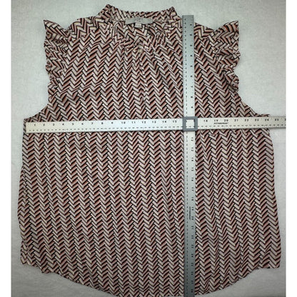 LOFT Plus Sz 18 Ruffle Crew Neck Front Keyhole Flutter Sleeves Pink ZigZag Print