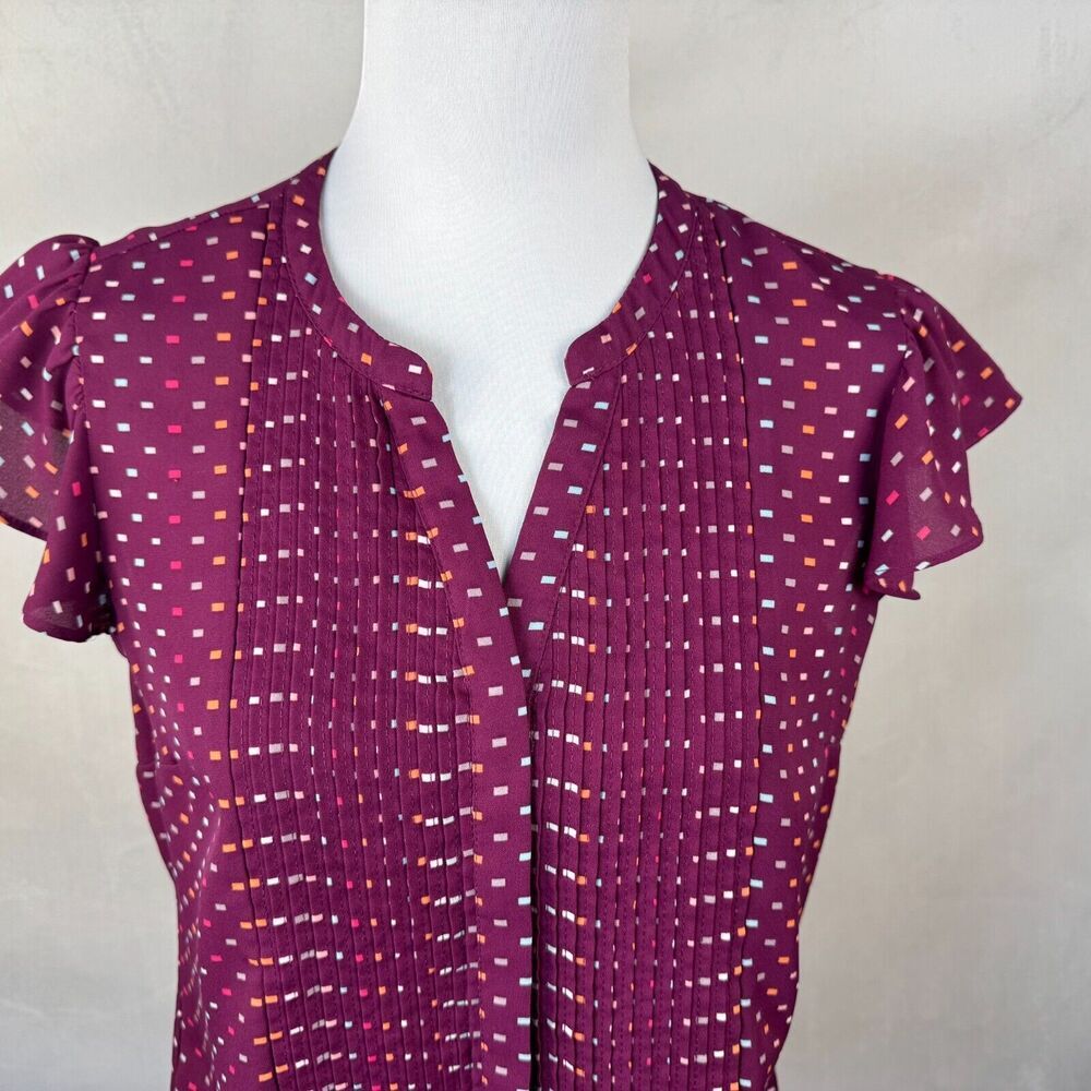 Simply Styled Petite Women Sz MP Red Printed Button Up Pleated Blouse Cap Sleeve