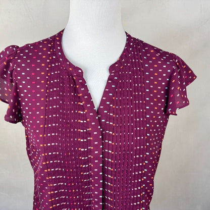 Simply Styled Petite Women Sz MP Red Printed Button Up Pleated Blouse Cap Sleeve