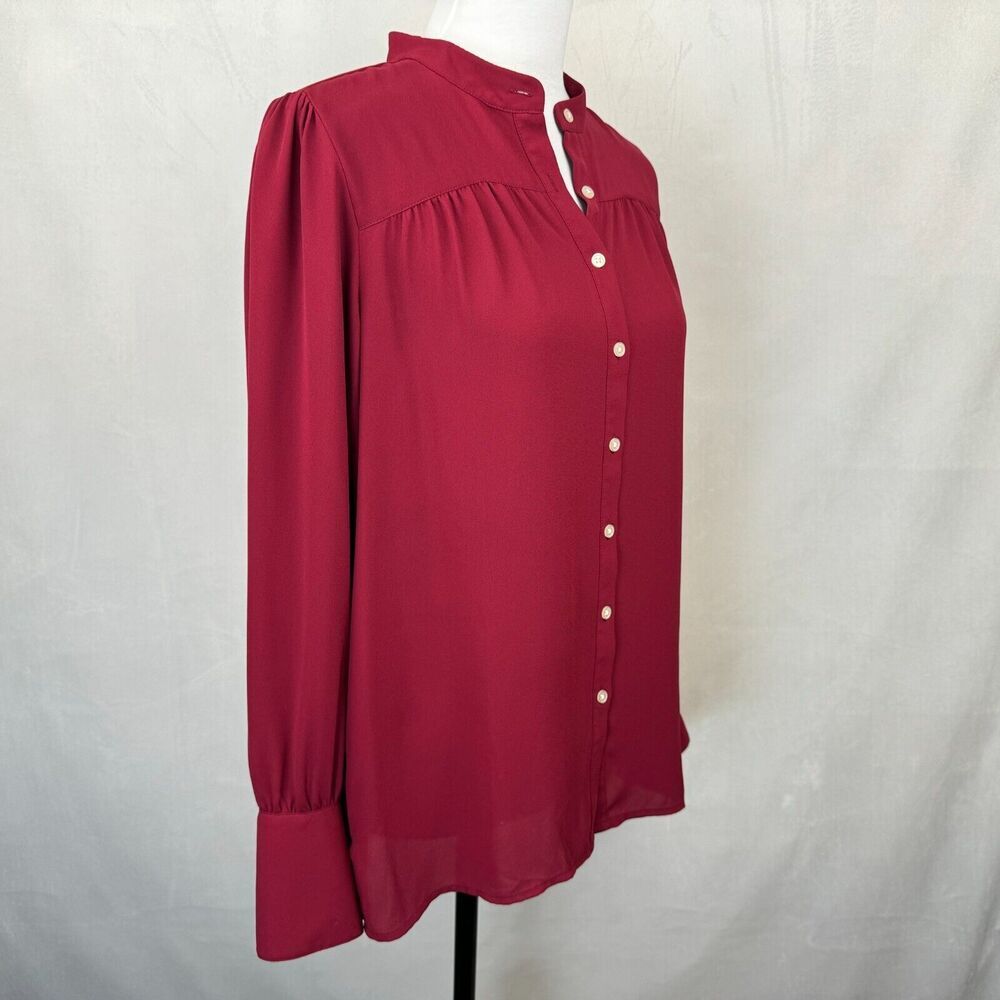 LOFT Women Top Sz S Burgundy Collarless Button Down Shirt Long Cuffed Sleeve