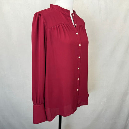 LOFT Women Top Sz S Burgundy Collarless Button Down Shirt Long Cuffed Sleeve