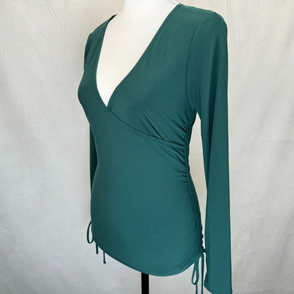 Meraki Top Sz M Green V-Neck Adjustable Ruched Sides Long Sleeve