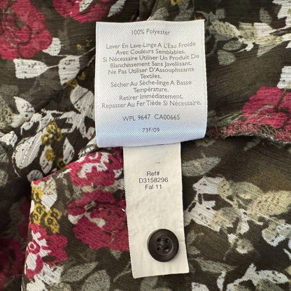 Eddie Bauer Women Sz XS Sheer Green Floral Blouse Roll Up Sleeves Button Down