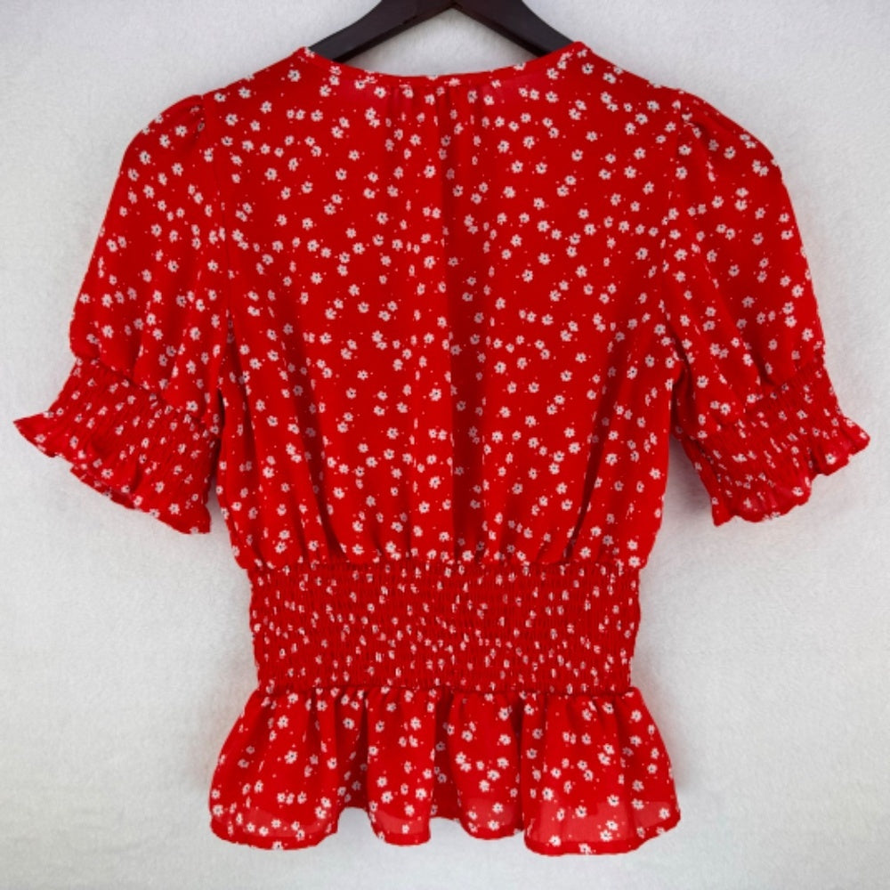 Sienna Sky Blouse Sz XS Red White Print Ruched Waistline and Sleeves Peplum