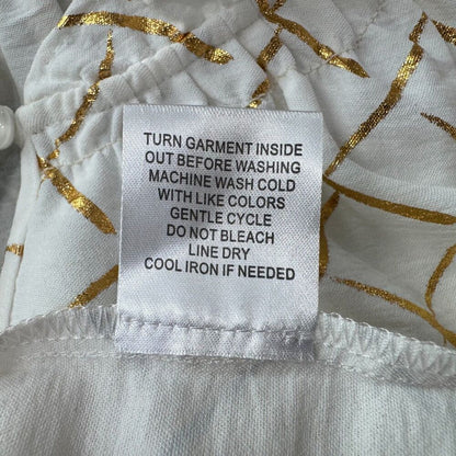 Como Black Ladies Sz S Blouse White Gold Print ruched round neck keyhole