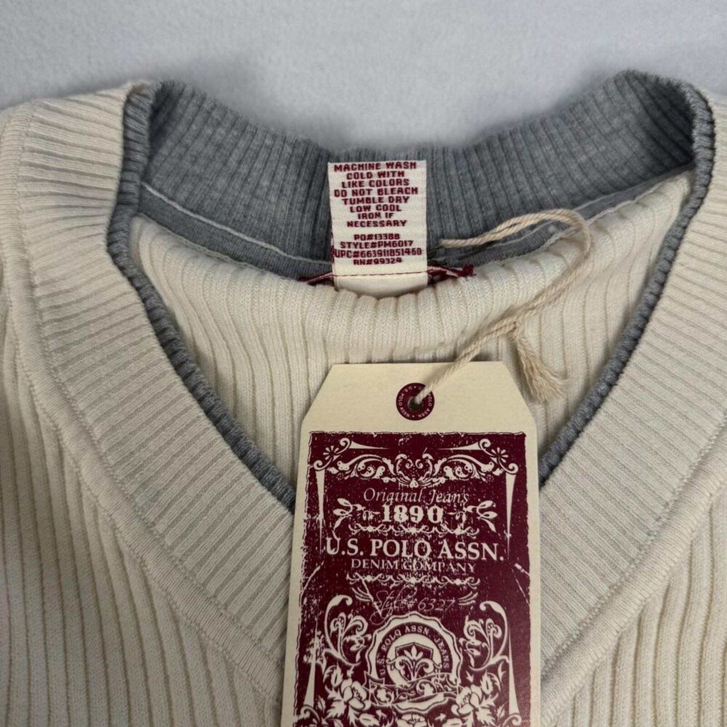 U.S. Polo Assn Women Medium Ribbed V Neck Sweater Cream Long Sleeve NWT
