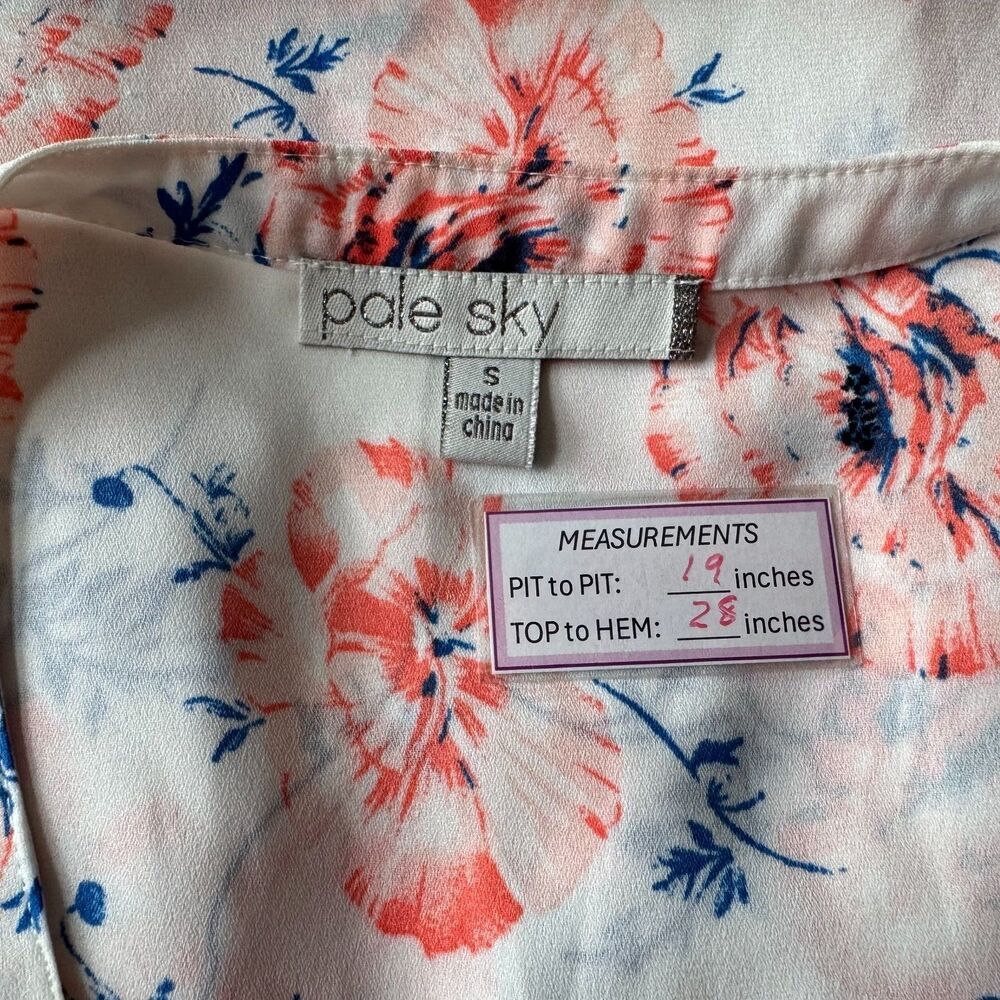 Pale Sky Ladies Sheer Top Sz S White Floral Split Neck Pleated Sleeveless