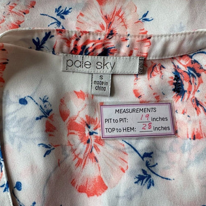 Pale Sky Ladies Sheer Top Sz S White Floral Split Neck Pleated Sleeveless