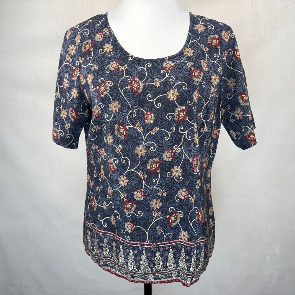 Liz Claiborne Women Sz 8 Silk Scoop Neck Black Blue Floral Print Short Sleeve