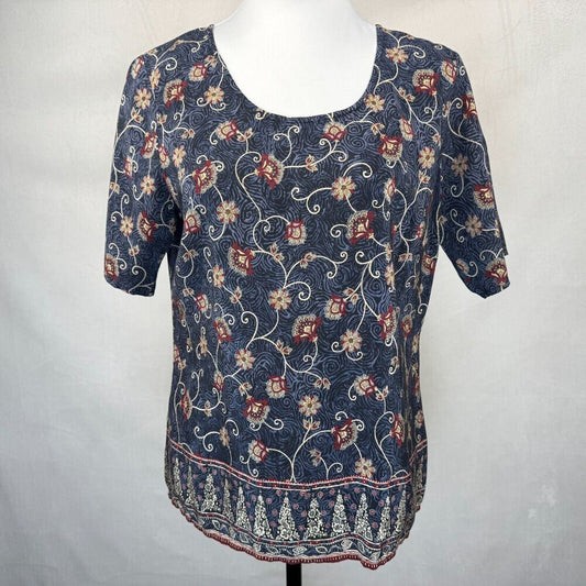 Liz Claiborne Women Sz 8 Silk Scoop Neck Black Blue Floral Print Short Sleeve