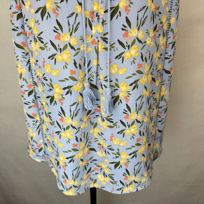 Collective Concepts Tank Top Sz L Blue Floral Split Tie Neck Ladder Stitch Trim