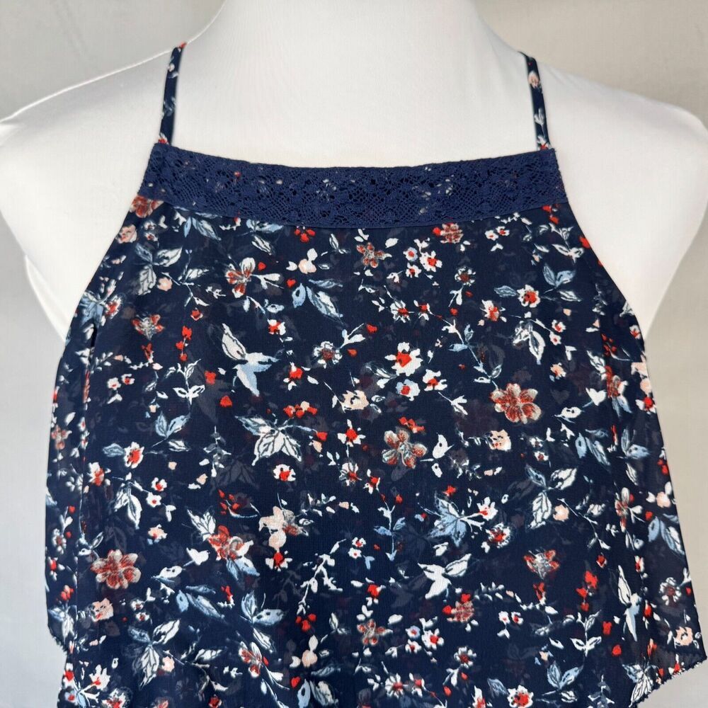 Abercrombie & Fitch Tank Sz S Navy Sheer Floral Ruffled Lace Trim Racerback