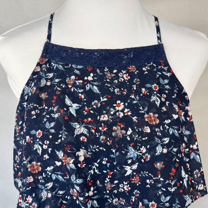 Abercrombie & Fitch Tank Sz S Navy Sheer Floral Ruffled Lace Trim Racerback