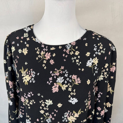 Elodie Women Top Sz L Black Floral Round Neck Keyhole Ruched Sides Ruffle Sleeve