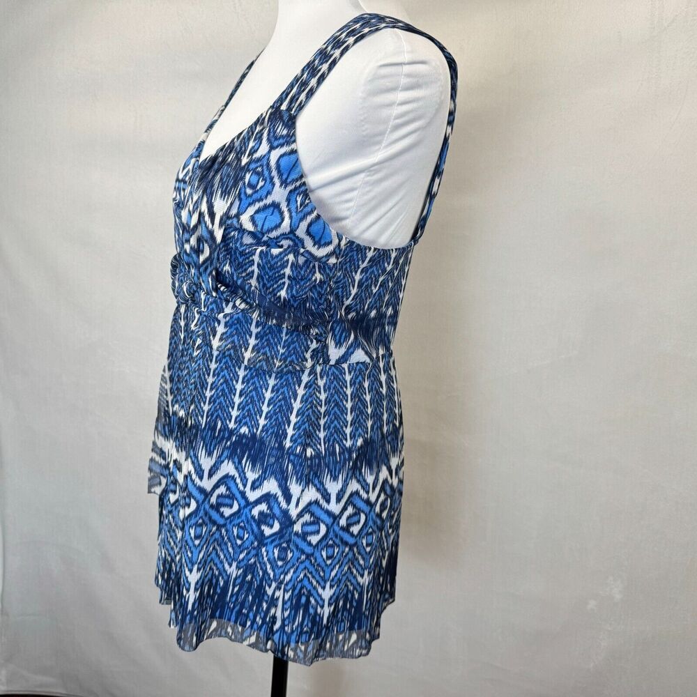 INC Women Tank Top Sz L Mesh Blue Geometric Print Black White V-Neck