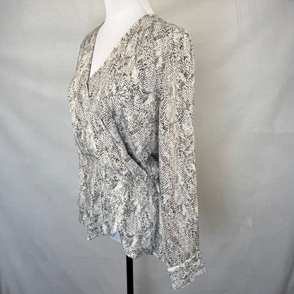 Ann Taylor Sz 4 White Snake Print Gray Black Long Cuffed Sleeve Faux Wrap Peplum