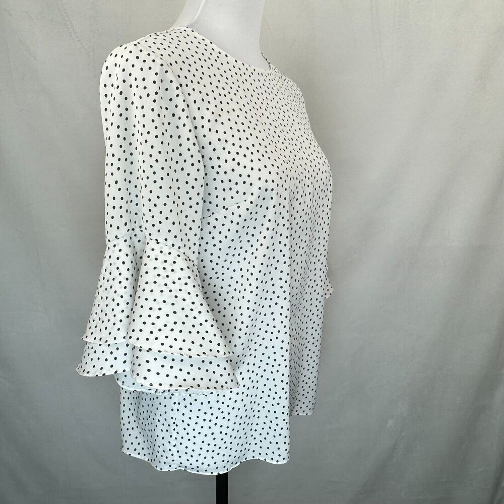 Karl Lagerfeld Top Sz XS White Black Polka Dot 3/4 Length Tiered Ruffle Sleeve