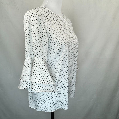 Karl Lagerfeld Top Sz XS White Black Polka Dot 3/4 Length Tiered Ruffle Sleeve