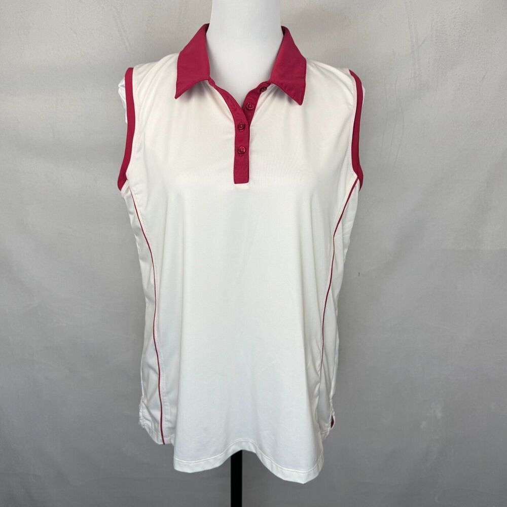 Maggie Lane Women Golf Top Sz L Collared Henley Sleeveless White Pink