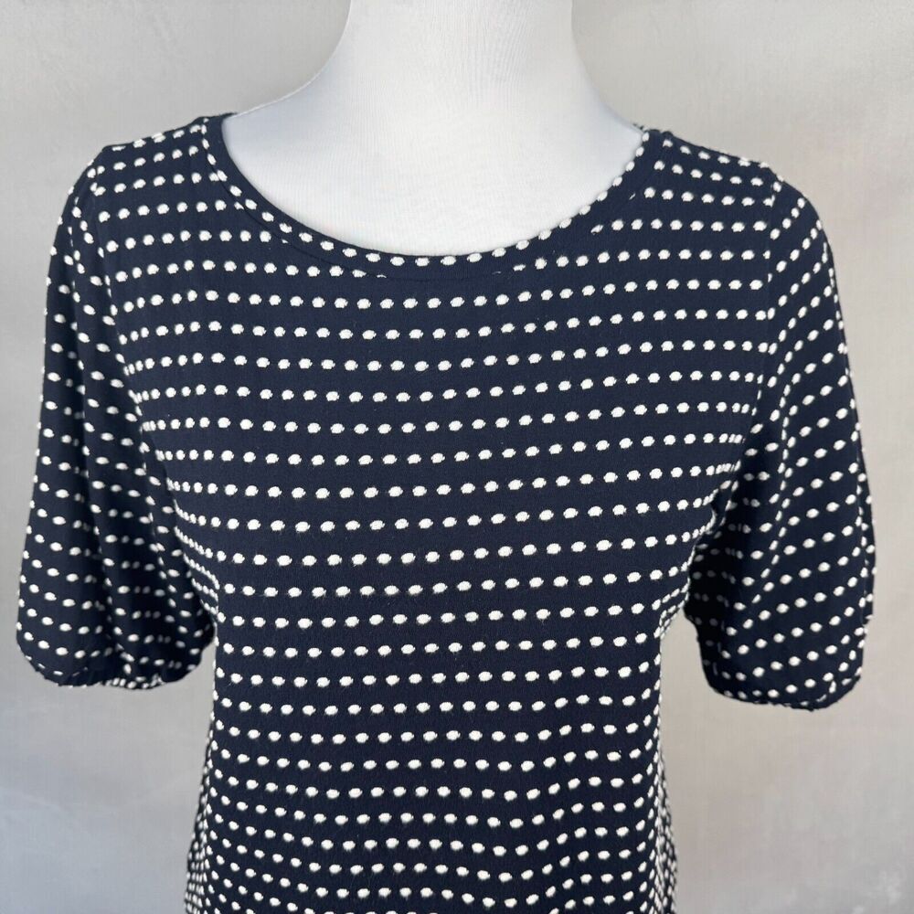 LOFT Knit Top Sz S Navy Embroidered White Polka Dot Ballon Sleeve Boat Neck